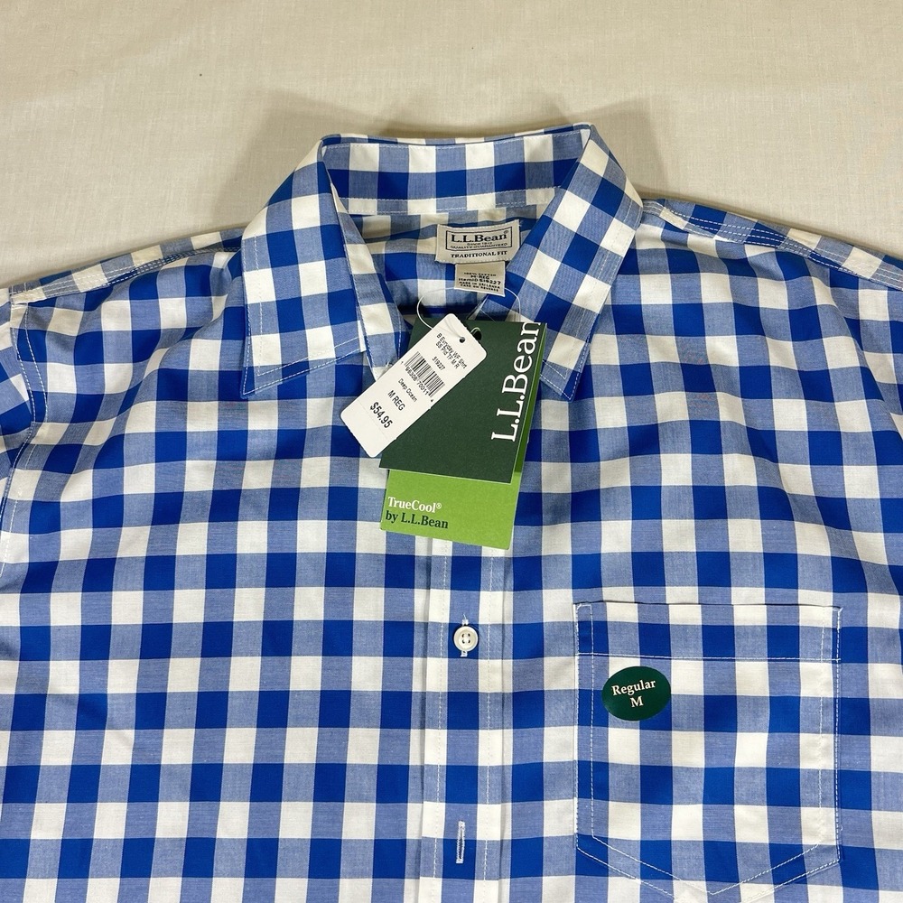 NWT L.L.Bean Traditional Fit Blue White Plaid Shirt Mens Medium Cotton SS